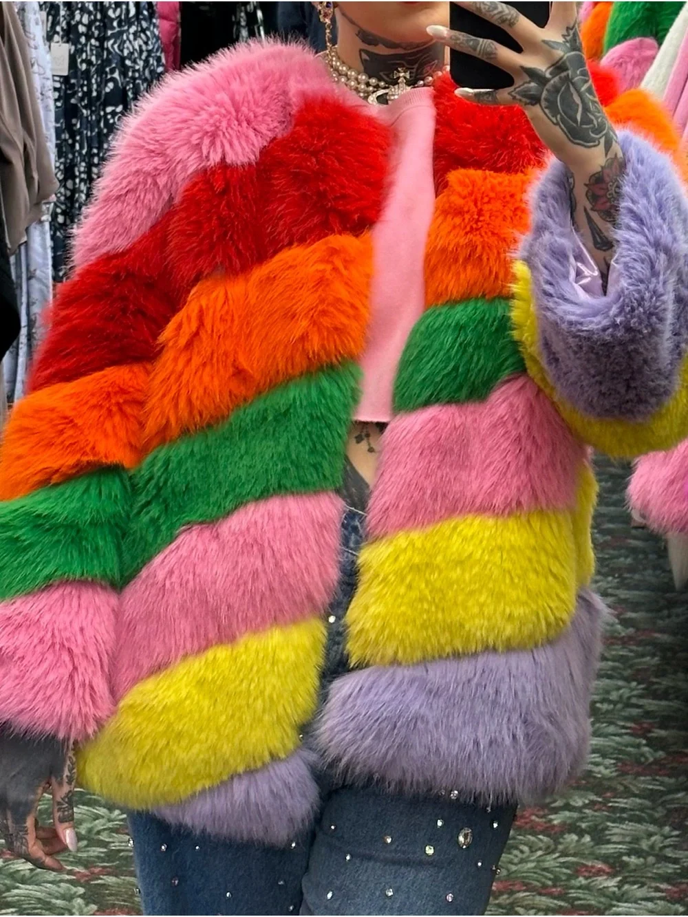 Rainbow Striped Faux Fur Coat - Multicolor